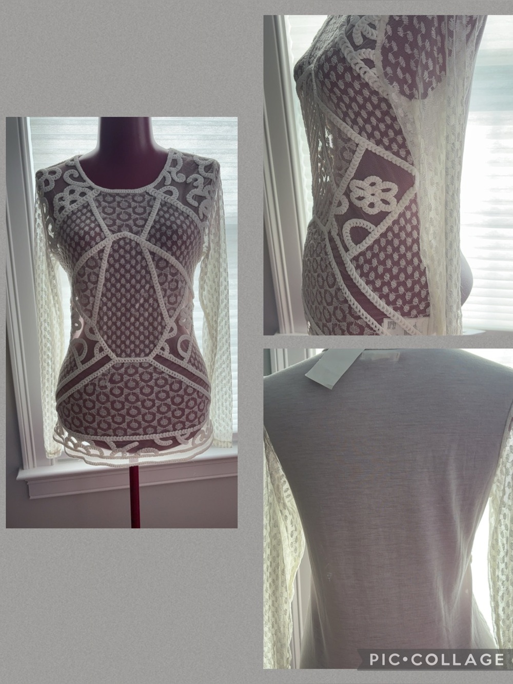 H&M white lace sheer front long sleeve top Medium